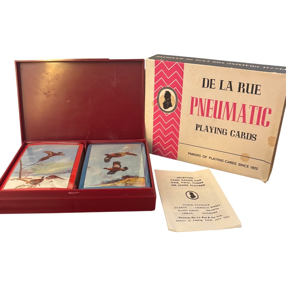 Vintage De La Rue Pneumatic Sealed Playing Cards Pheasant Art Two Decks‎ Red Box